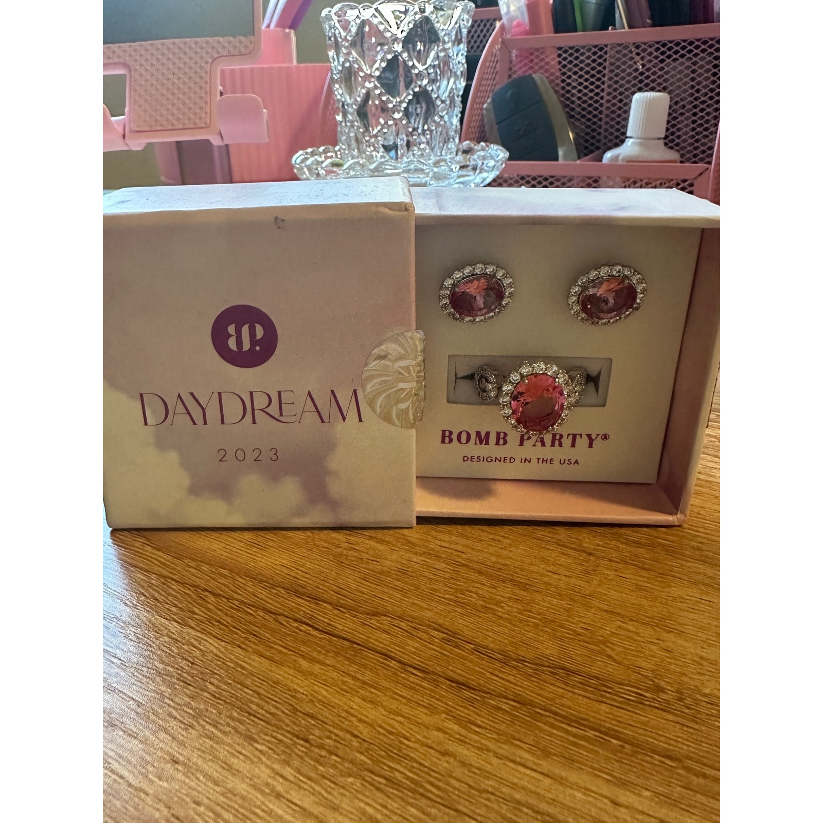 Bomb Party Daydream 2023 Ring And Earrings Set Pink And Silver Size 8